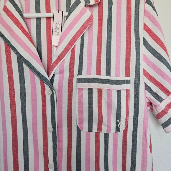 NWT Victoria's Secret | Flannel Pajama Short Set Preppy Striped Pink Women Small - Picture 4 of 6